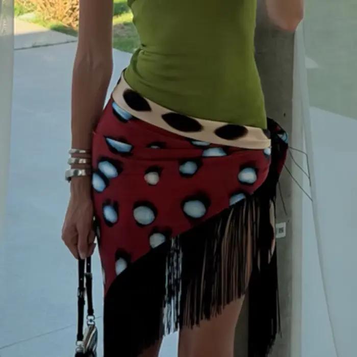 Jupe Courte Vintage à Pois Imprimés pour Femme, Tendance, à Nouer sur le Côté, avec Longue Frange et