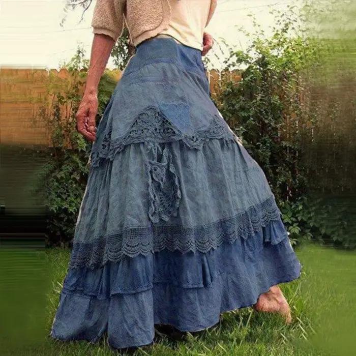 Jupe longue style Boho pour femmes, Vintage, en dentelle, à plusieurs niveaux, Maxi, taille haute, l
