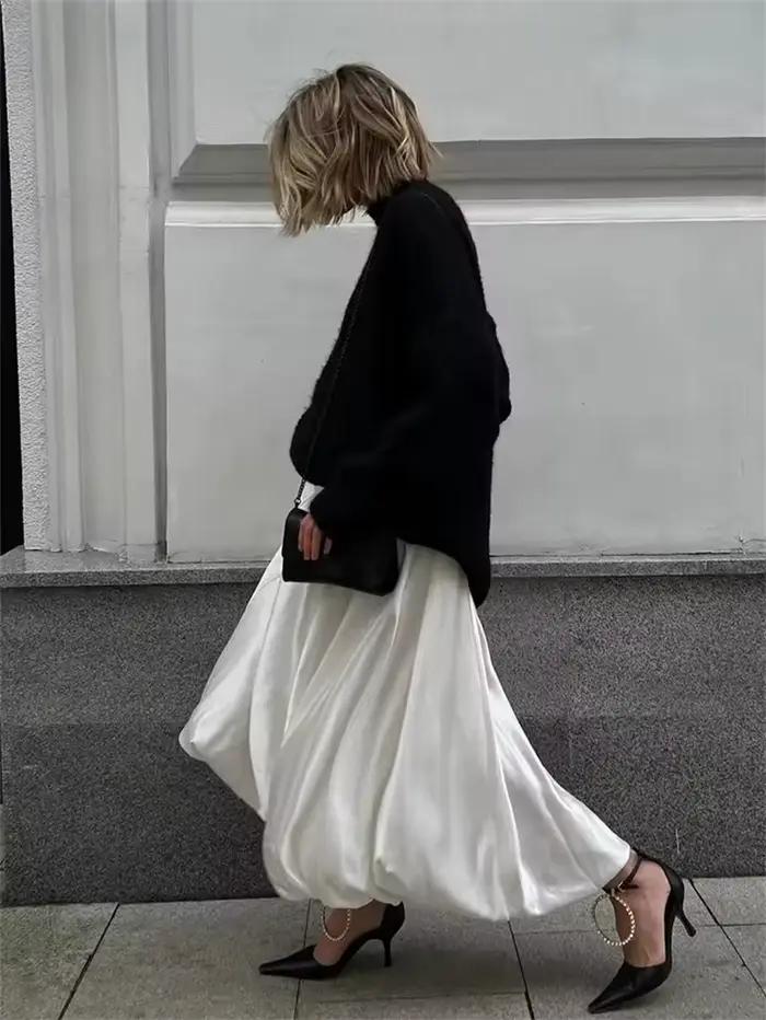 Mode Beige Satin jupes pour femmes élégant taille haute bureau dame cheville longueur jupe décontrac