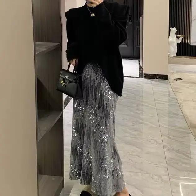 Jupe en velours à queue de poisson, jupe brodée de perles et de sequins de haute qualité, taille éla
