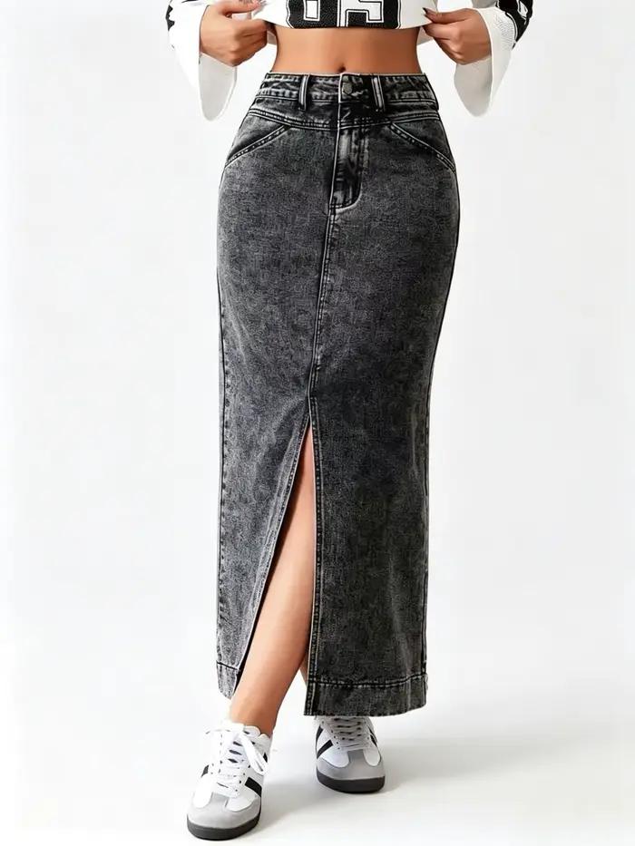 Jupe en jean gris taille haute fendue sur le devant pour femme, jupe crayon mi-longue