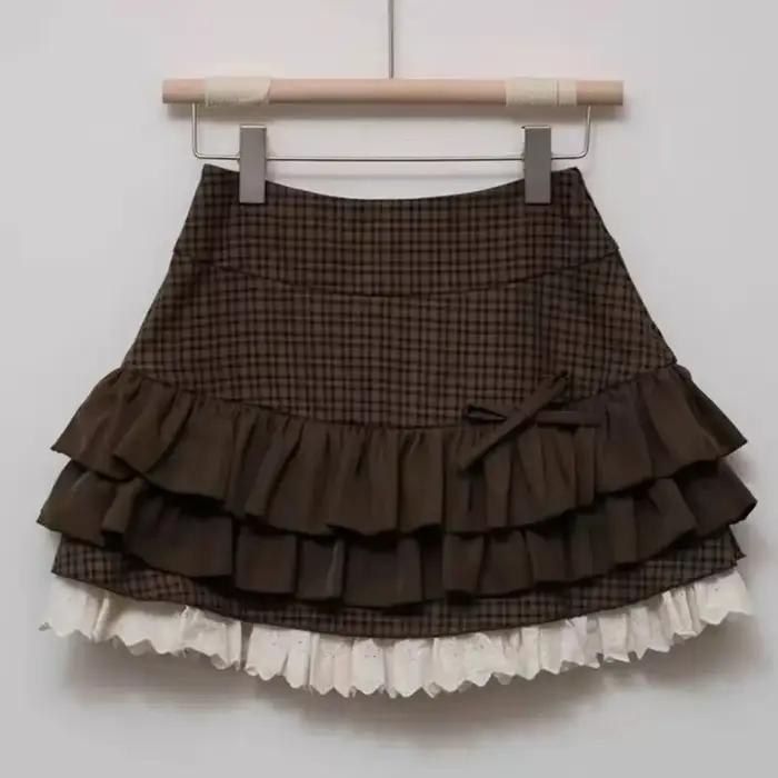 Jupes à carreaux marron pour femmes, Vintage, dentelle, Patchwork, mode mignonne, taille haute, jupe