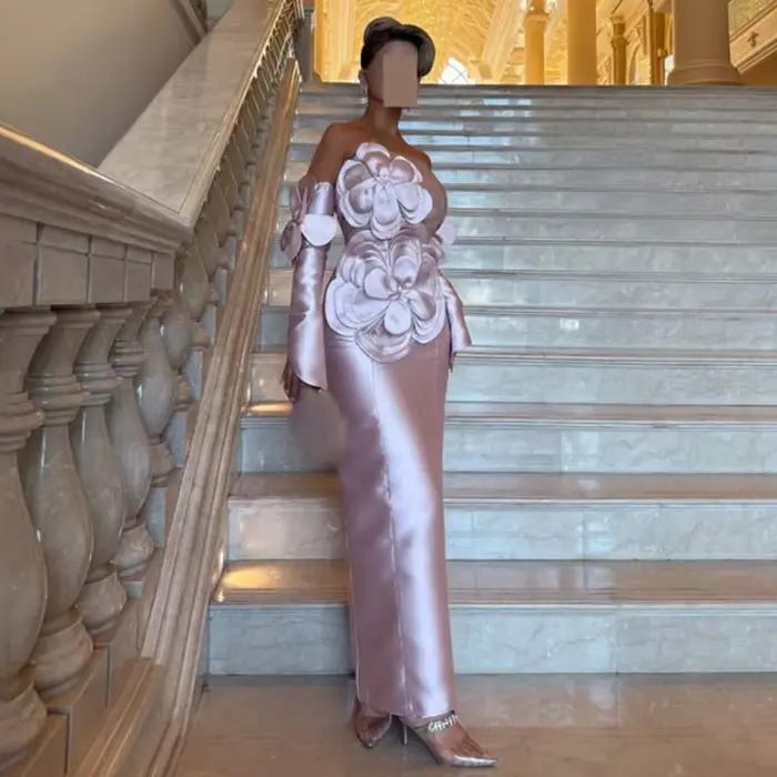 Robe de soirée sans bretelles personnalisée, moderne, avec des appliques florales 3D, longueur chevi