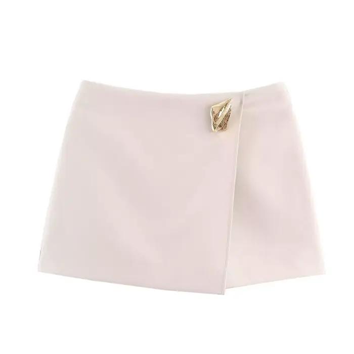 Mini jupe asymétrique pour femme, couleur unie, décoration dorée, short Simple, décontracté, mode, S