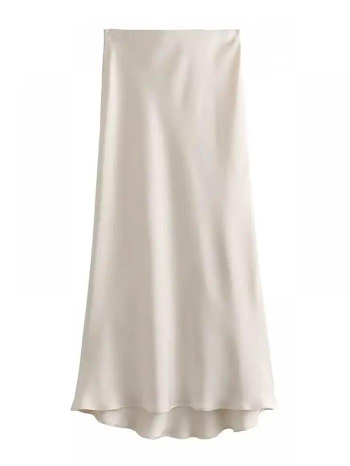 AOSSVIAO 2026 Jupe Midi Plissée en Satin Uni pour Femme, Style Vintage, Taille Mi-Haute Élastique, C