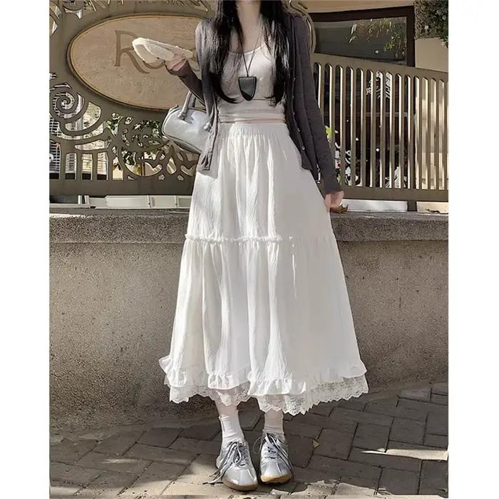 Jupe mi-longue évasée pour femme, style français, en polyester, couleur unie, élégante, avec bordure