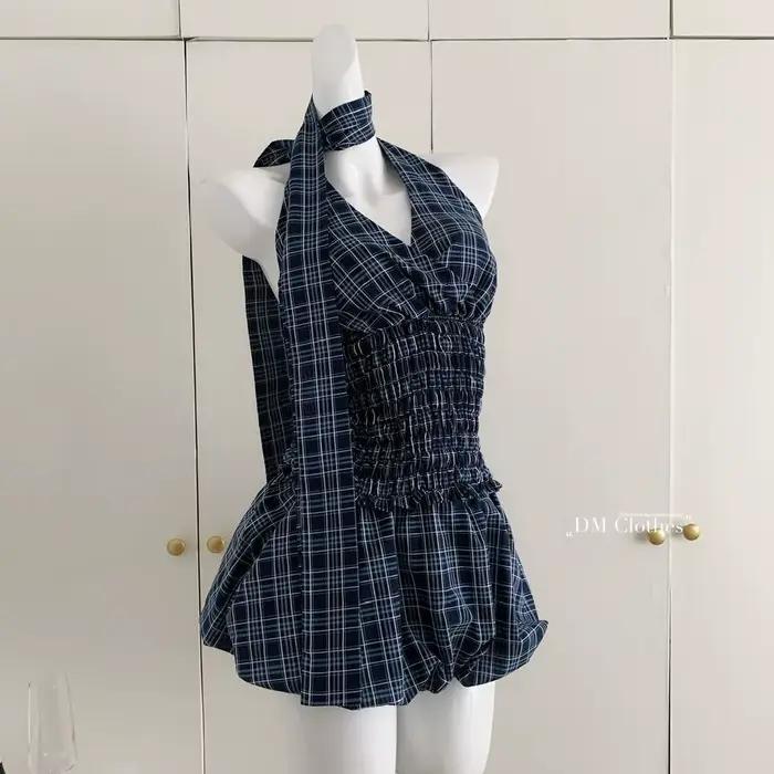 Rétro bleu marine haut à carreaux jupe courte costume femmes été Internet célébrité rue américaine d