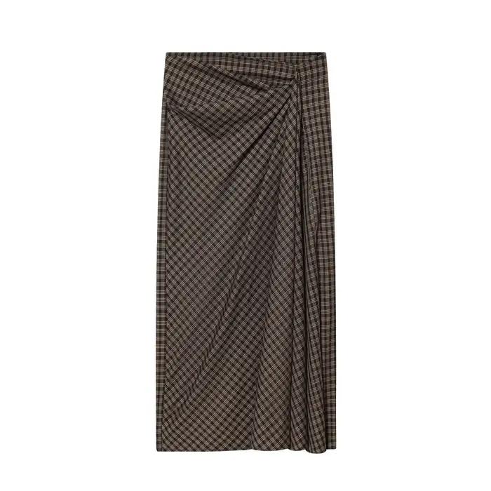 Jupe midi plissée élégante à carreaux, tendance automne-hiver, en fibre de polyester, pour jeunes fe