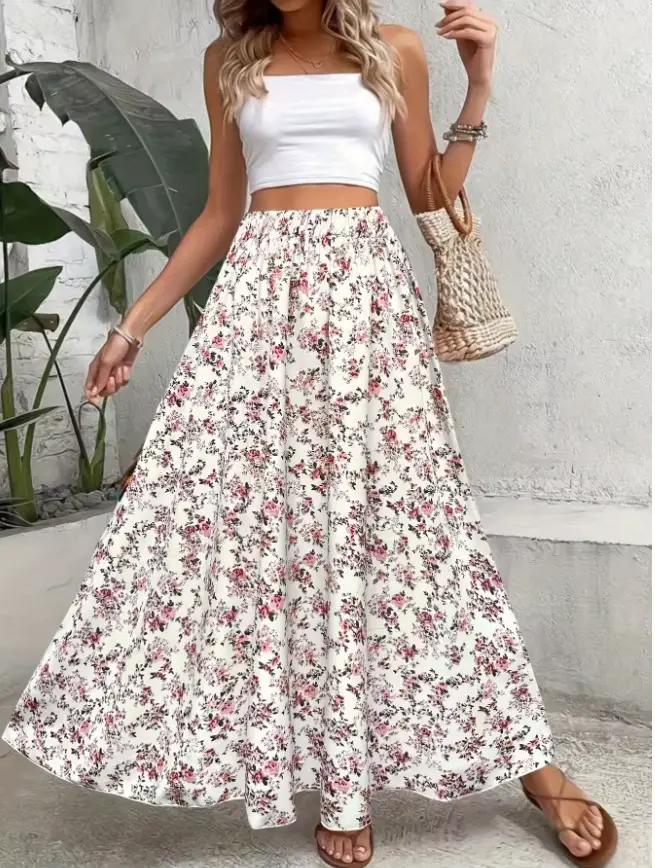 Jupe longue à imprimé floral style bohème, taille cintrée, élégante pour le quotidien, les sorties d