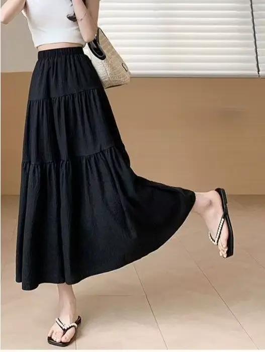 Jupe longue plissée taille haute élastique pour femme, élégante, unie, coupe trapèze, style chic pou
