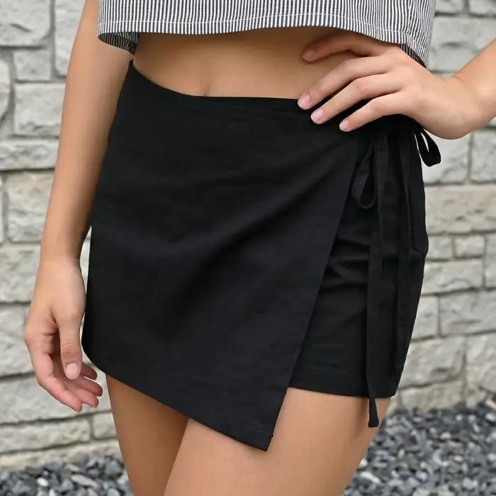 Jupe-short d'été pour femme, décontractée et élégante, couleur unie, avec nœud à nouer, short intégr