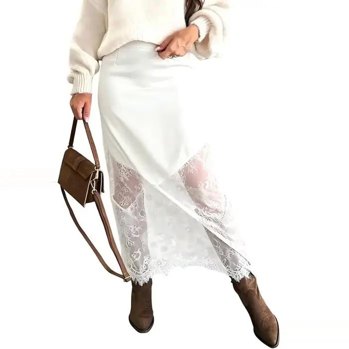Jupe longue en dentelle taille haute style bohème pour femme, élégante en satin de soie, polyvalente