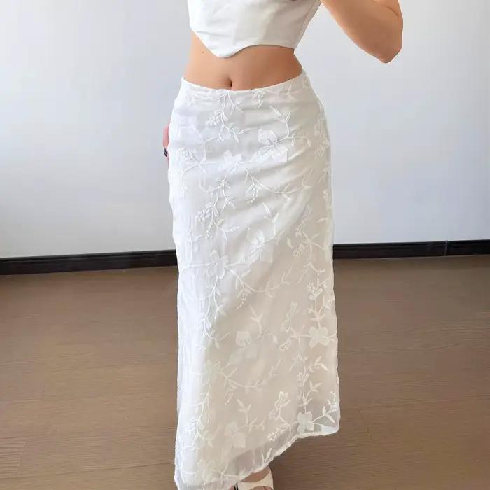 Jupe longue droite polyvalente taille haute brodée en dentelle blanche pure style rétro français pou