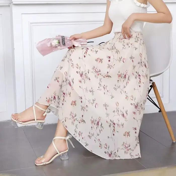 Jupes pour femmes Floral taille haute en mousseline de soie femme jupe Midi vêtements tendance 2025 