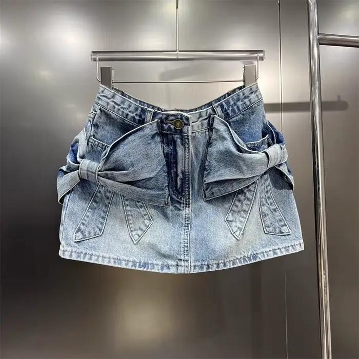 Jupe courte en jean 3D à nœud pour femme, nouvelle collection été, design tendance, jupe trapèze mou