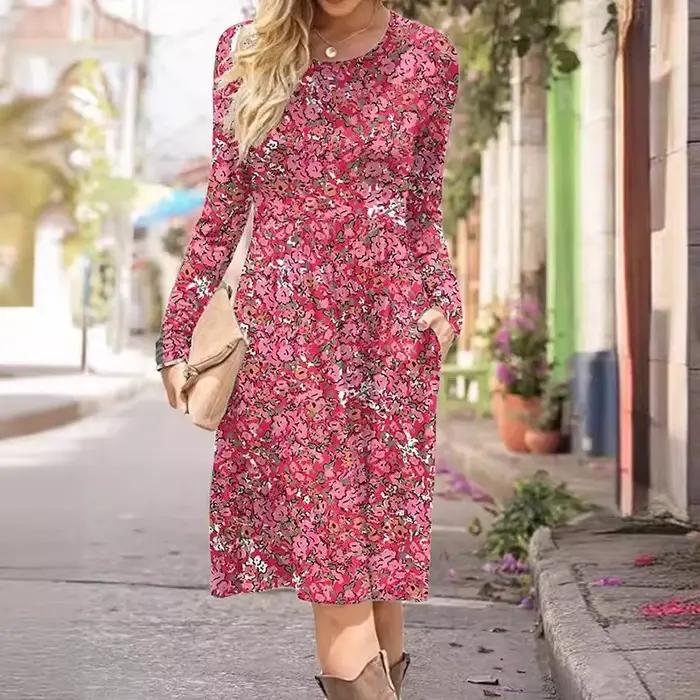 Robe mi-longue à manches longues pour femmes, col rond, imprimé de fleurs, ligne A, robes de vacance