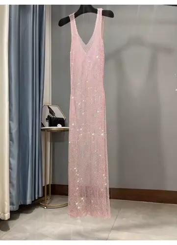 Robe de soirée à strass, décolleté en v profond, Sexy, longue maille fine et scintillante, vêtements
