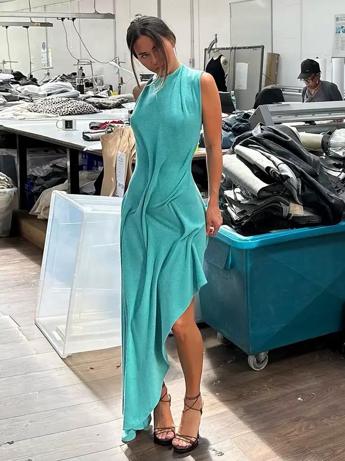 Nibber dos nu longue robe femme froncé élégant été tendance o-cou sans manches sexy ourlet irrégulie