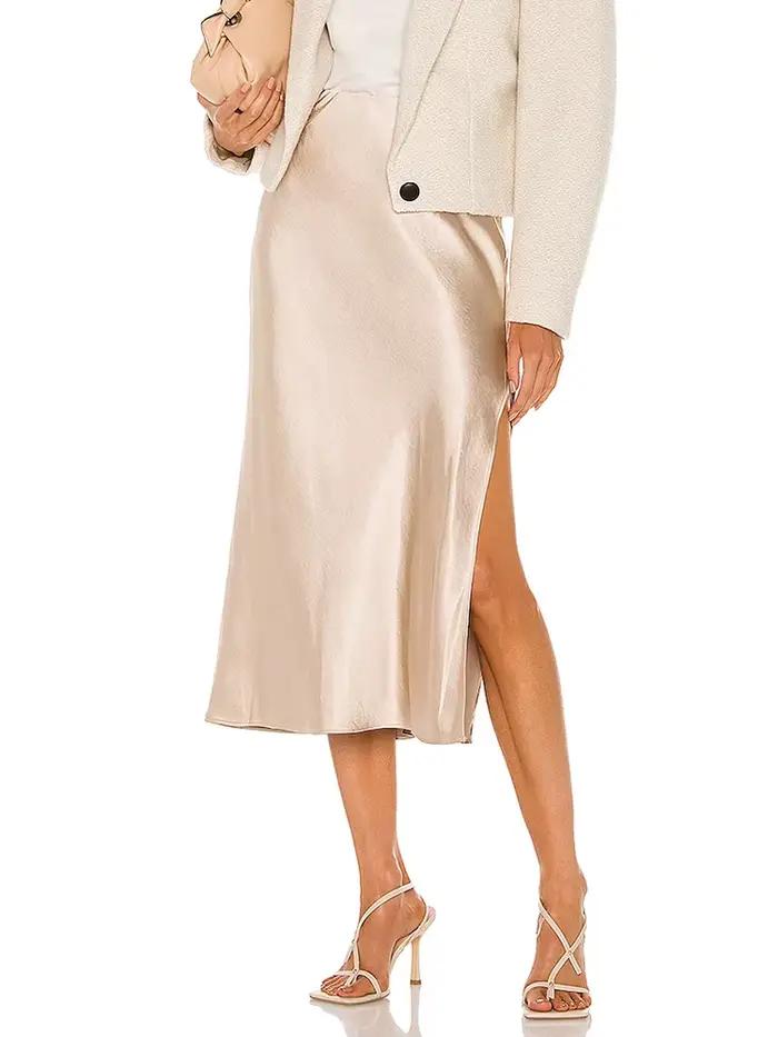 Jupe mi-longue en satin noir pour femme, taille élastique, fendue, bureau, ligne A, haute qualité