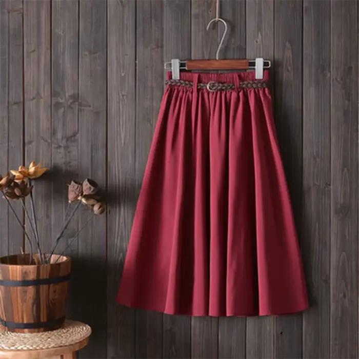 Midi genou longueur jupe d'été femmes avec ceinture mode coréenne dames taille haute plissée a-ligne