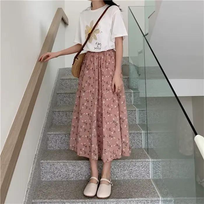 Jupe longue plissée Vintage à imprimé Floral, ligne a, jupe coréenne pour femmes, Streetwear, cordon