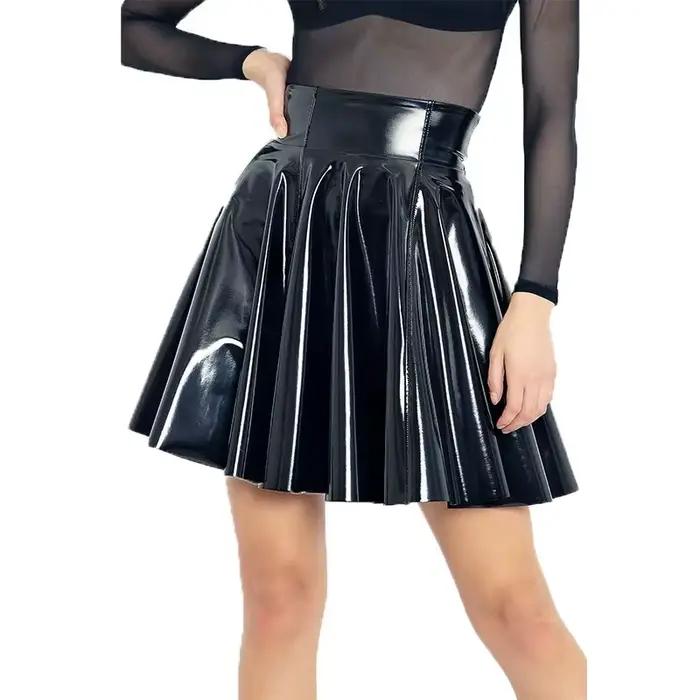 Jupe plissée grande taille pour femmes, en Faux cuir verni brillant, élégante, couleur unie, Mini ju