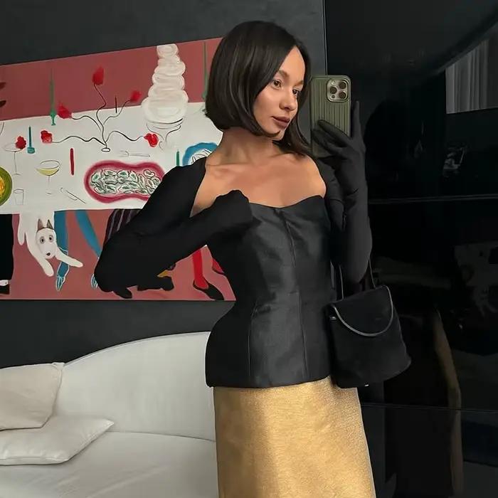 Ensemble jupe longue élégante sans bretelles pour femmes, couleur unie, sans manches, taille cintrée
