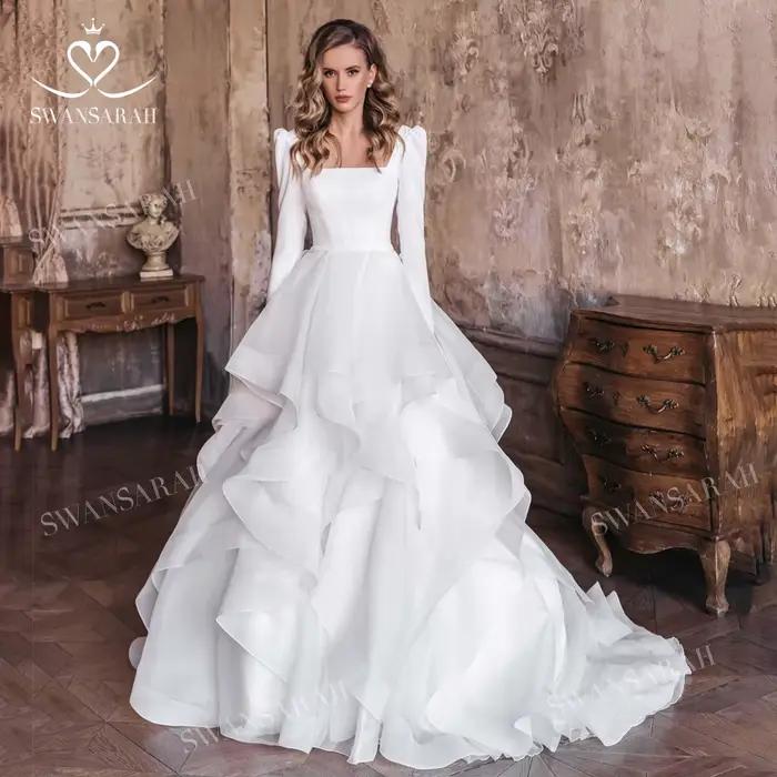 Robe De mariée à manches longues, col carré, ligne a, traîne Court, princesse, SwanSarah N454, robe 