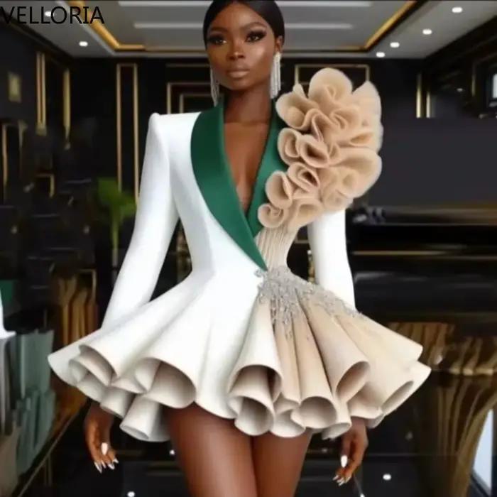 Robe Courte de Soirée Cocktail Sexy à Col en V Profond, Manches Longues, Perles et Plis, Robe de Bal