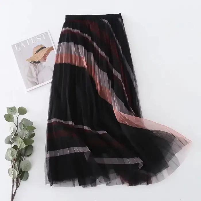 Jupe plissée à rayures et imprimé Patchwork, mode coréenne, élégante, taille haute, en Tulle, élasti