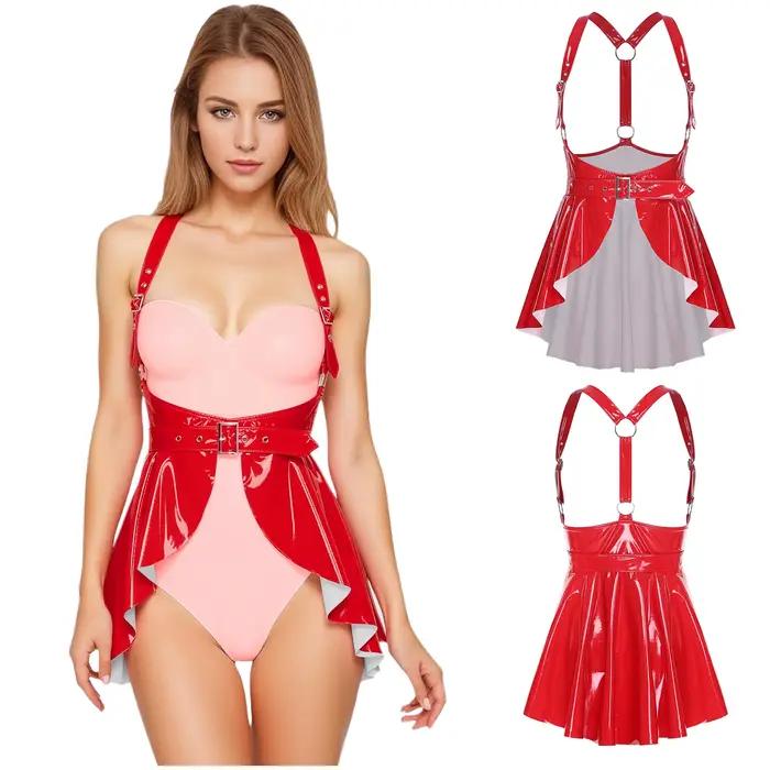 Jupe à bretelles en cuir pour femmes, avec ceinture de taille réglable, joint torique, dos en Y, min