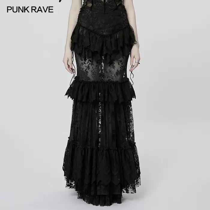 Jupe longue en dentelle avec cordon de serrage, style PUNK RAVE gothique pour femmes, magnifique jup