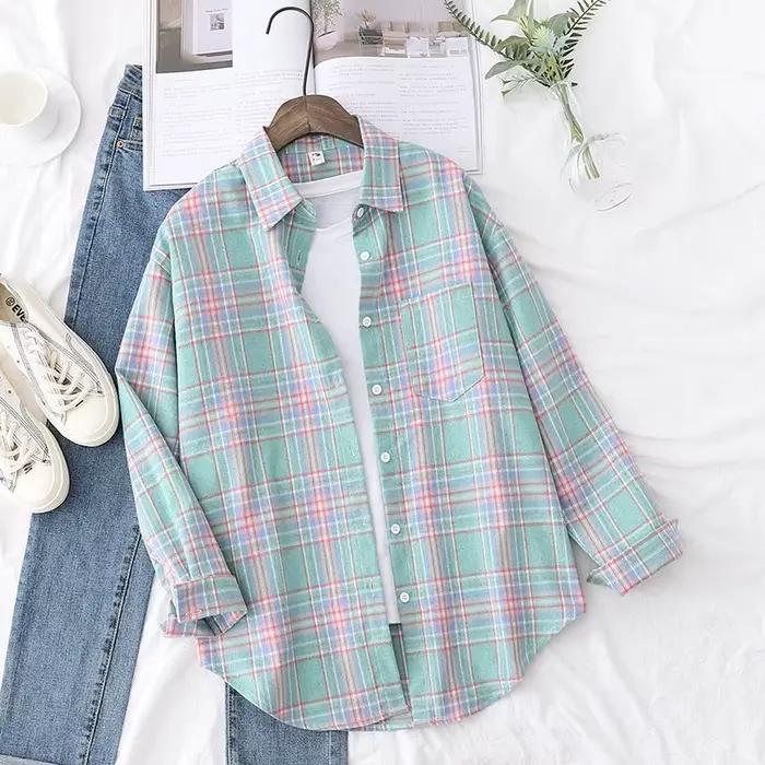 Chemise à carreaux pour femmes, chemisier et hauts amples et décontractés, Style collège frais, chem
