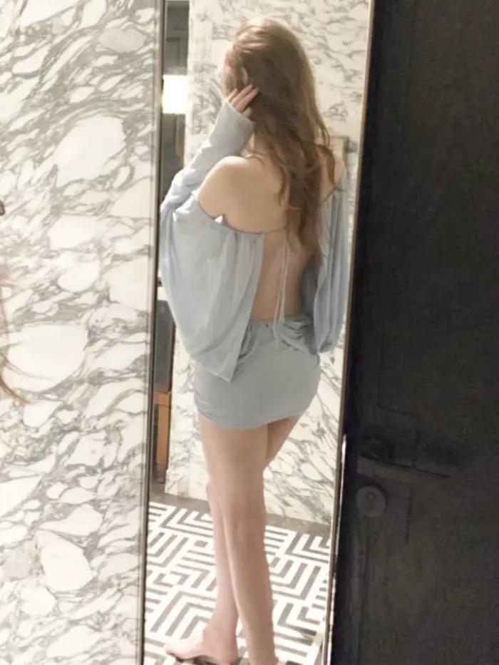 Robe moulante bleue à une épaule, jupe courte sexy, taille haute avec ceinture, style décontracté vi