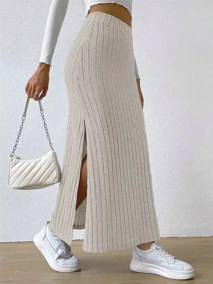 Femmes côtelé côté fendu Maxi jupe automne printemps décontracté élégant taille haute jupe droite