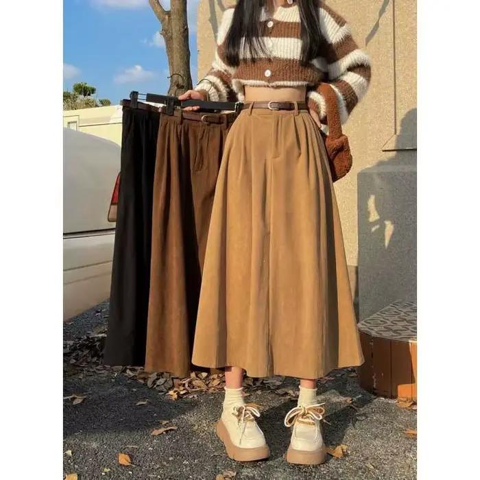 Jupe Vintage Printemps-Été en Velours Côtelé pour Femme, Grande Jupe Midi Évasée, Effet Amincissant 