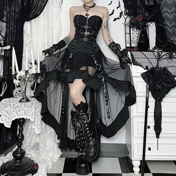Jupe Maxi irrégulière Punk Grunge, Cyber gothique Y2K, fausse maille PU, Patchwork, vêtements techni