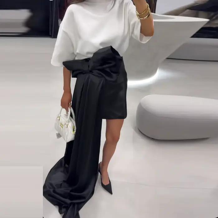 Jupe courte en satin noir pour femmes, superposition de nœud latéral, mini jupe maxi, mode féminine