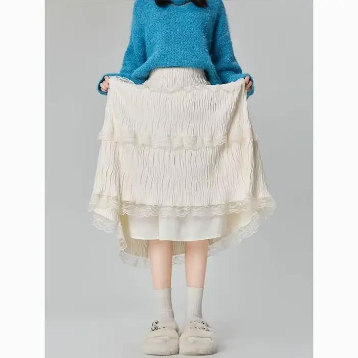 Jupe en soie Patchwork de dentelle pour femmes, jupe gâteau féerique douce de Style automne et hiver