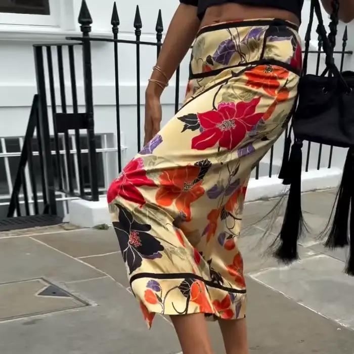 Jupe vintage à imprimé floral pour femme, taille basse, coupe ajustée, avec fente et fermeture éclai