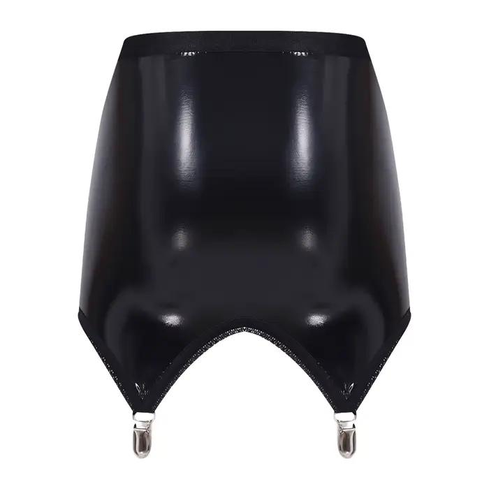 Mini-jupe moulante en similicuir PU effet latex pour femme, avec clips de jarretière, taille haute, 