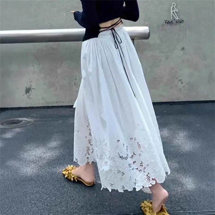 Jupe longue trapèze élégante en crochet pour femme, taille haute, style coréen et français, blanche,