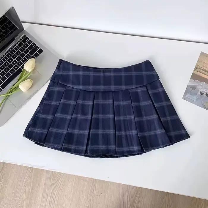 Jupes plissées à carreaux bleus pour femmes, Vintage, taille haute, Preppy, Mini jupes assorties ave