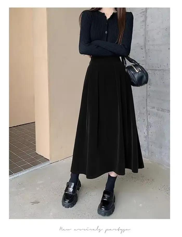 Jupe trapèze plissée en velours pour femme, grande balançoire, taille haute, noir, décontracté, vint