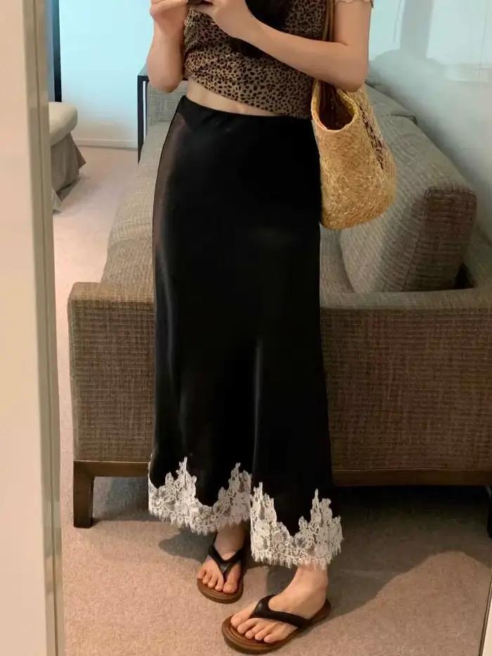 Jupes longues élégantes pour femmes, taille haute, dentelle, Satin, ligne a, mode coréenne, couleur 