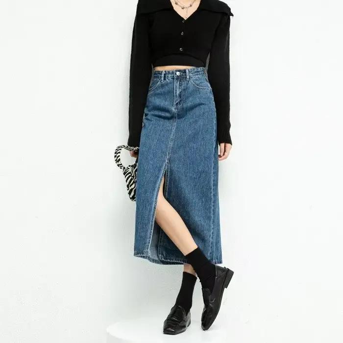 Jupe en jean fendue pour femme, taille haute, coupe ample trapèze, délavée, unie, style vintage coré