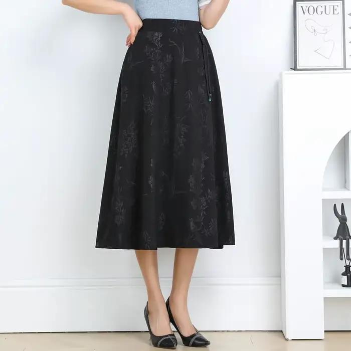 Jupe midi évasée taille haute pour femme, imprimé floral vintage, taille élastique, fluide et décont