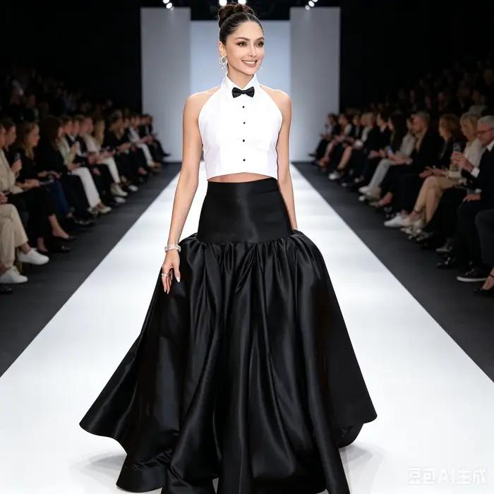 Jupe de bal noire en satin taille haute, volumineuse, longueur ras du sol, coupe trapèze, avec ourle