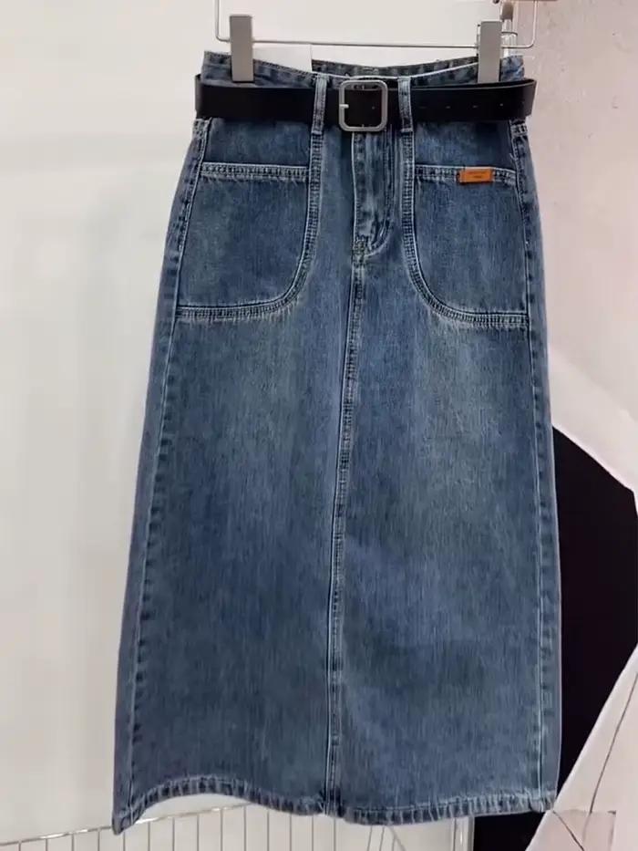 Jupe en jean bleu délavé pour femme, grande taille, taille élastique, dos fendu, jean, polyvalent, m