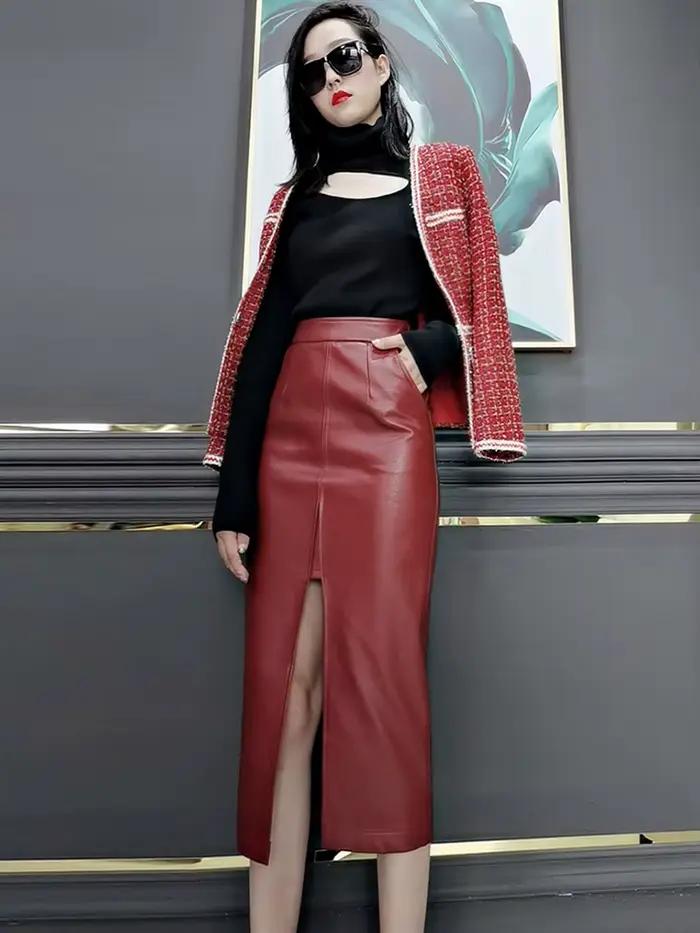 Jupe crayon longue en similicuir souple Lautaro pour femme avec fentes avant et poches, taille haute